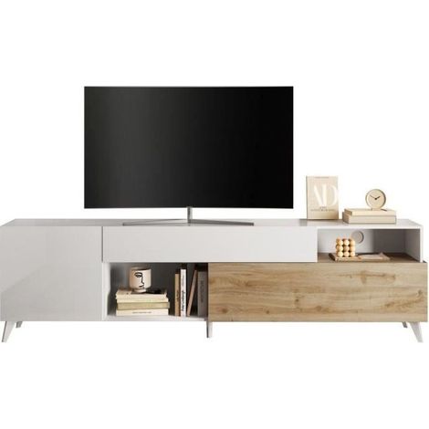Mobile TV con 2 ante, 1 cassetto e 2 nicchie 241 cm Bianco laccato e Naturale - DONALA (1/4)