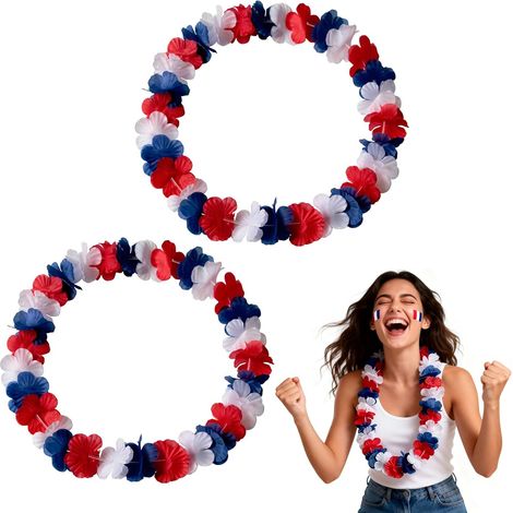 2 Pièces Supporter Equipe de France, Colliers de Fleurs Bleu Blanc Rouge, Kit Supporter France, Accessoires Couleur Tricolore Collier Hawaï Supporters pour Coupe du Monde 2026 Euro, Football Déco Fête (1/5)
