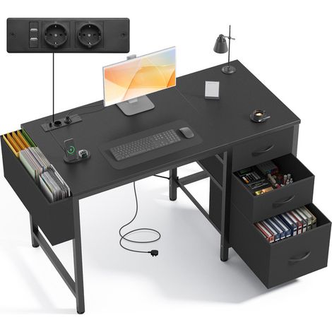 Petit bureau Claiks avec 3 tiroirs en tissu – Table d’ordinateur avec 2 prises intégrées (1/5)