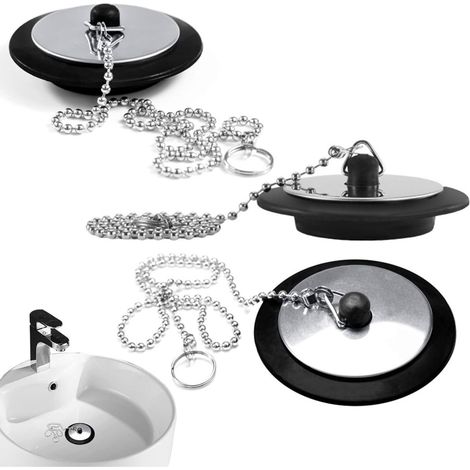 Set di 3 tappi di scarico universali per vasca da bagno (diametro 45-43 mm), con catenella da 40 cm, per lavabo, bagno e cucina. (1/5)