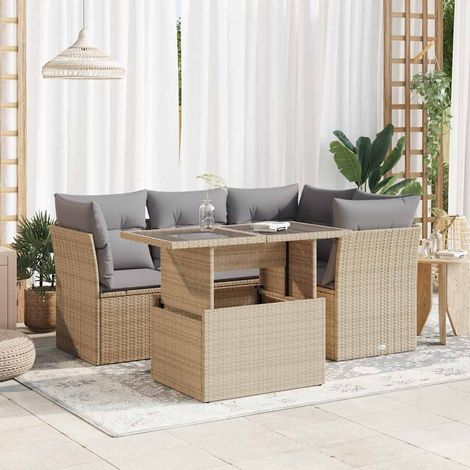 5-tlg. Garten-Sofagarnitur mit Kissen Beige Poly Rattan (1/5)