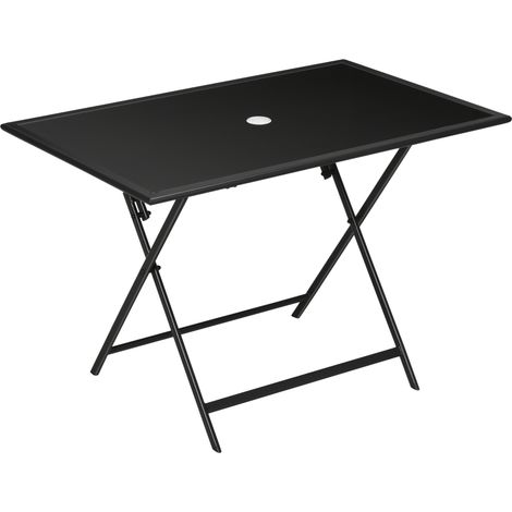 Folding Outdoor Dining Table for 6, Rectangle Garden Table Tempered Glass Top with Parasol Hole Garden Lawn Backyard, 110 x 70 x 70 cm