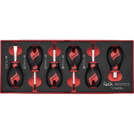Set de tournevis Stubby Foamx2 tray Plat- PH- PZ 6 pièces Teng Tools TEZMD06 (1/2)