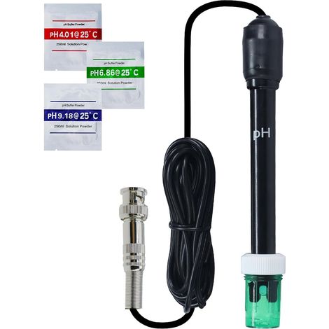 Électrode pH Remplaçable avec Connecteur BNC - Câble Long de 3 mètres - Inclut Poudres d'Étalonnage (4,01, 6,86, 9,18) - Pour pH-mètres, Contrôleurs, Piscines, Spas (1/5)