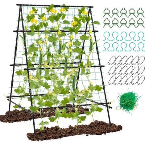 Support pour concombres COSTWAY, en forme de A, avec filet de jardin et pinces à plantes, treillis métallique, support pour plantes grimpantes, fleurs et plantes utiles, noir, 130 x 105 x 151 cm (1/5)