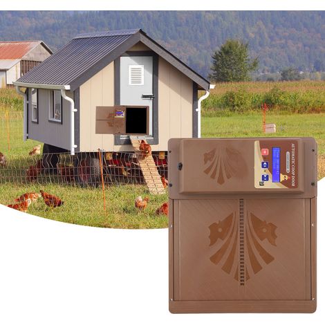 Porte de poulailler automatique à ouverture horizontale, télécommande avec capteur de luminosité et minuterie, 3 en 1, marron. (1/5)