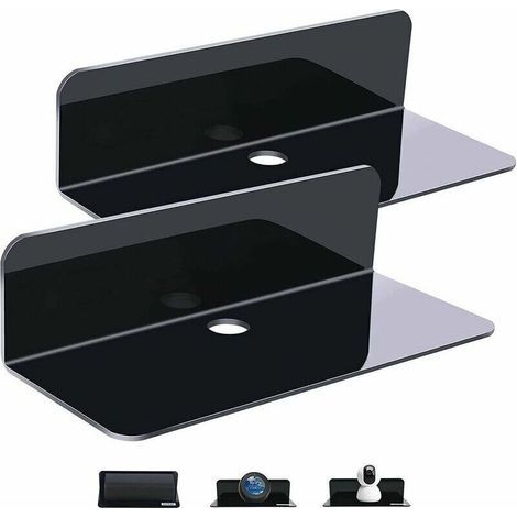 Lot de 2 étagères murales noires extensibles sans dommage - dimensions de 22,9 cm - en acrylique pour haut-parleur intelligent, figurines d'action, caméra, avec 4 clips câble. (1/5)