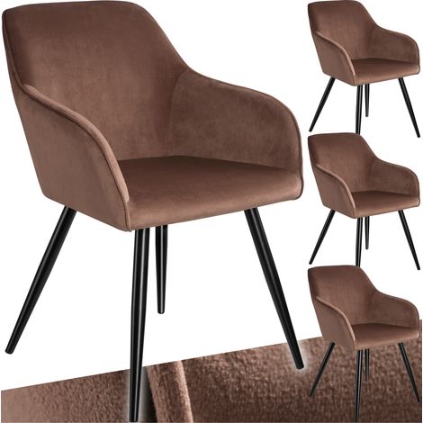 Tectake – Lot de 4 chaises en cuir synthétique effet velours brun-noir – Cadre en acier robuste – Dossier large et rembourré – Hauteur d'assise 47 cm