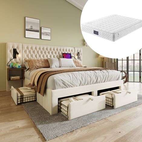 Cama doble 160x200 cm beige en terciopelo con colchón, mesitas, cajones, luces LED y puertos USB-C (1/5)