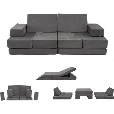 COSTWAY 12PCS Canapé Modulable Enfant 2 Places en Velours Suédé, Fauteuil Enfant Convertible avec Housses Lavables, Fermeture Éclair, Chauffeuse pour Salon Chambre d'enfant Maternelle