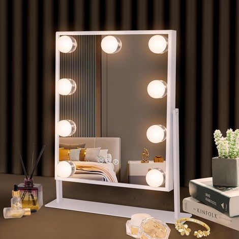 Miroir de courtoisie avec lumières Miroir de courtoisie éclairé avec 9 Ampoules LED Miroir de Maquillage Lumineux à Brancher avec lumières Rotation à 360° avec Miroir grossissant 10x