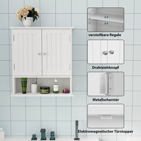 Meuble de salle de bain mural blanc, armoire à pharmacie à double portes avec étagères réglables, rangement suspendu pour WC, cuisine et salle d'eau, idéal pour linge et accessoires. (1/5)