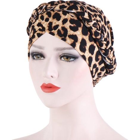Turbante con estampado de leopardo, Pañuelo para la cabeza de seda cepillada, Turbante con estampado floral y trenzas cortas, diadema elástica (1/2)