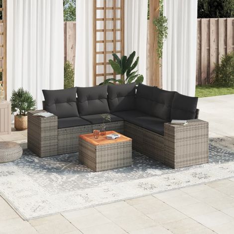 Ensemble Salon de Jardin 6 pièces Tressé Résine + Coussins Gris, Table Acacia (1/3)