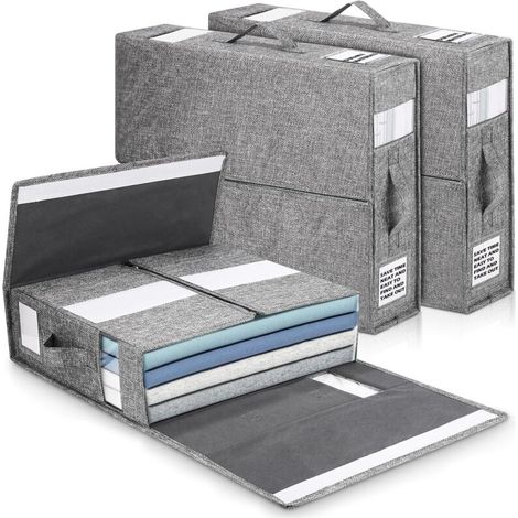 Neptune – Boite de rangement pliable pour draps – 3 pièces – Textile respirant – Fenêtres transparentes et étiquettes – Dimensions 39x33x12 cm