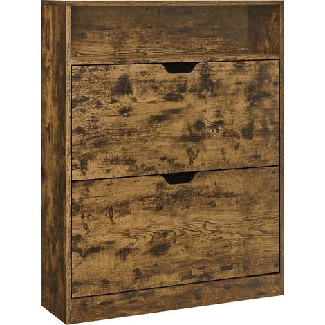 Vasagle – Meuble à chaussures 2 portes battantes – Compartiment ouvert – Séparateurs réglables – Capacité 11 à 16 paires – Dimensions 24 x 80 x 102 cm – Marron rustique