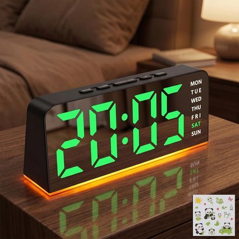 Sveglia digitale a LED con luce, indicatore di temperatura, giorno e mese, formato 12/24 ore, luminosità regolabile, orologio digitale per camera da letto e ufficio, nero e verde con adesivo panda. (1/5)