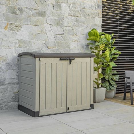 Dmora - Armario exterior Polinago, Mueble para exteriores, Mueble de jardín multiusos, Contenedor para balcón o garaje, 146x82 h120 cm, Beige (1/5)