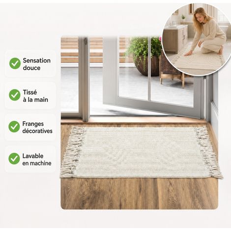 Tapis de Bain 80 x 120 cm Coton Polyester - Tapis de Salon Touffete Lavable a Franges (1/5)