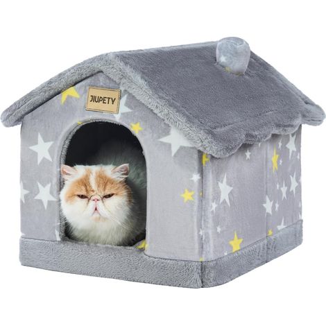 Maison Chat avec Motif Etoilé, Niche pour Chien Interieur pour Chats et Chiots, Niche pour Chat avec Toit, Cat House Taille S, Grey Star (1/5)