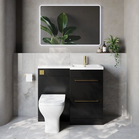 Napoli 390 Matt Black 1000mm 2 Drawer Vanity Unit Toilet Suite with Right Hand Square Lucia Basin - 1000mm - Brushed Brass 320mm HandleWith Kingston Toilet Pan and Seat