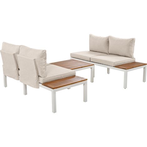 ELVMI Gartenlounge Set mit 2 Zweisitzer Sofas, 2 Beistelltischen und 1 Tisch, Eisen und Akazienholz, Beige (1/4)