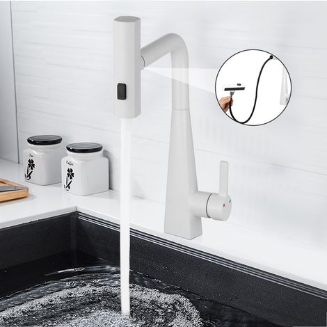 Robinet de cuisine G3/8", pivotant à 360 degrés, robinet d'évier extractible avec tuyau rétractable, robinet de lavabo cascade, blanc (1/5)