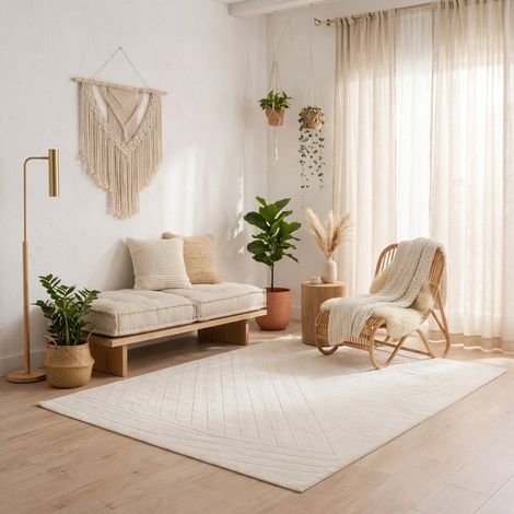 Tapis en laine TexturedVisions - Tapis en laine  - 290x190cm, Rectangular - 100% Laine vierge - Tufté main - Blanc
