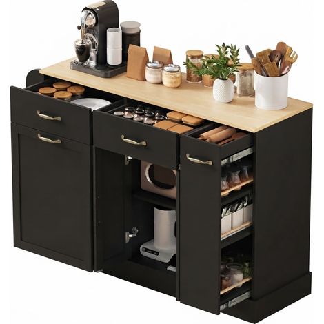 ELVMI Aparador de Cocina con Estantes Abiertos y Compartimento para Cubo, de MDF, 133.5 x 40 x 86 cm, Negro (1/5)