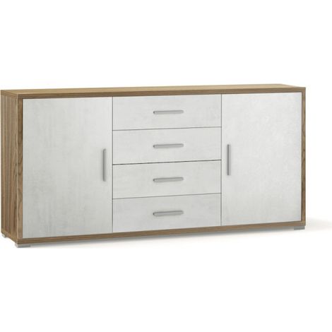 Mueble móvil con 2 puertas y 4 cajones, 174L x 41P x H84 – Acabado en madera nogal y blanco mate – Sarmog