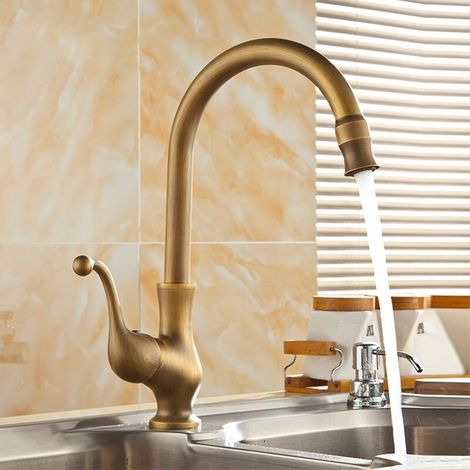Robinet Lavabo Rétro Laiton Robinet Mélangeur Salle de Bain Eau Froide Chaude Robinet Mitigeur Cuisine Antique avec Bec Pivotant