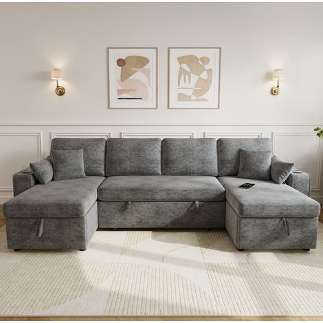 Divano letto angolare modulare a U in ciniglia grigia con contenitore e USB OKWISH (1/5)