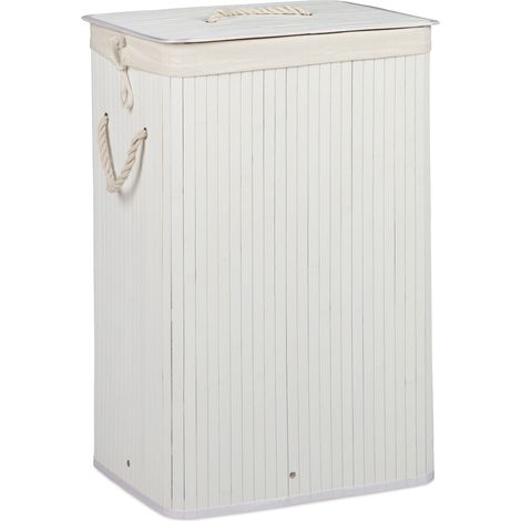 Relaxdays, Set 3x Bamboo Laundry Basket, with Lid, Rectangular, XL, 83L, Foldable Bin, HWD: 65.5 x 43.5 x 33.5cm, White