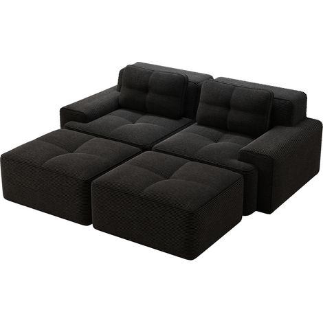 Sofá modular en U de pana negra con puf, 2 plazas, sin montaje (1/5)