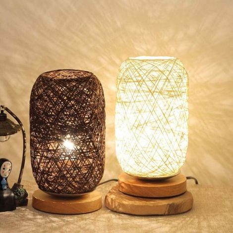 Lampe De Chevet - Rotin Tressé - Support Bois - 14 X 12 X 23 Cm - Led Rechargeable Usb - Ambiance Chaleureuse - 1 Pièce (1/3)