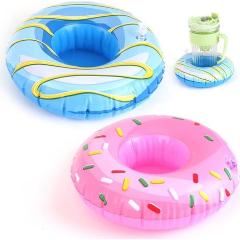 Juego de 2 portavasos inflables flotantes con forma de donut，Soportes para vasos rosas y azules con chispas de colores，para fiestas en la piscina (1/5)