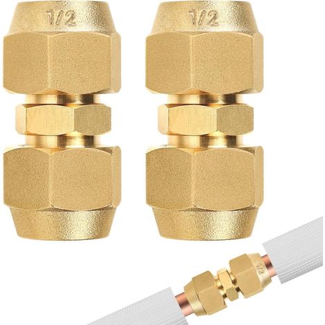 Lot de 2 rallonges de tuyau en cuivre de climatisation 1/2" Accessoires de climatisation Double mamelon pour tuyaux en cuivre Pas de soudure nécessaire Connecteur de tuyaux en cuivre (1/5)