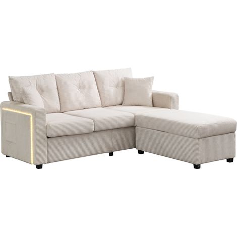 Sofá esquinero en L con otomana extraíble, 3 plazas, tejido tipo pana beige, con LED y cojines (1/5)