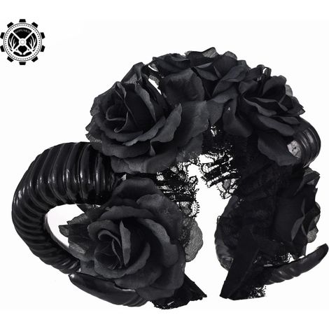 Gothic-Stirnband mit schwarzer Rose, Haarband mit Vampir-Dämonen-Widderhorn aus Spitze, Schleier-Haaraccessoire, Gothic Lolita (1/5)