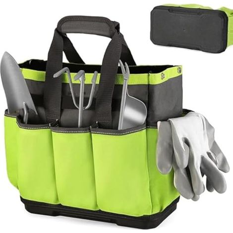 Sac à outils de jardin debout avec bandoulière réglable, grande capacité 34 x 26 x 6 cm, organiseur avec plusieurs poches, Oxford durable pour électriciens de jardinage, entrepreneurs (vert, 1 pièce) (1/5)