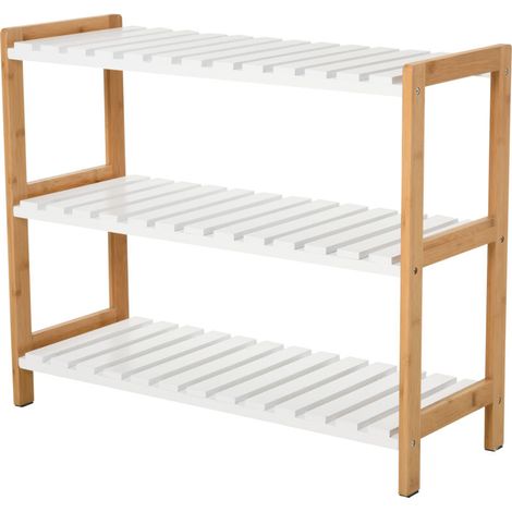 Zapatero de 3 niveles, de madera de pino con 3 estantes de listones, para salón o pasillo, 70 x 26 x 57,5 cm, blanco y efecto madera natural -Crezuo