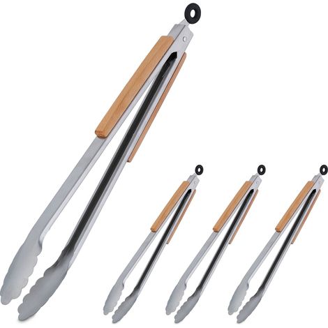 4x Pinza da Barbecue, Acciaio Inox e Manico in Legno, Accessori Griglia e Cucina, Lunga 38 cm, Argentato Marrone (1/5)