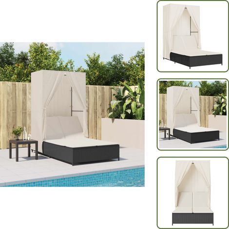 Doppel-Sonnenliege mit Dach und Vorhängen Schwarz Poly-Rattan - Doppel-Sonnenliege - Liegeplatz Im Freien - Gartenmöbel - Sonnenschutz - Outdoor Lounge (1/5)