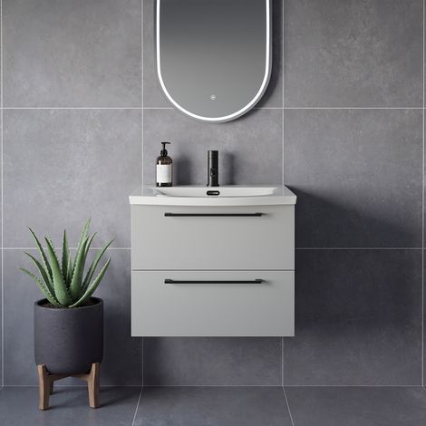 Napoli 390 Gloss Grey Pearl 600mm Wall Mounted 2 Drawer Vanity Unit with Arc Basin - 600mm - Matt Black 320mm Handle