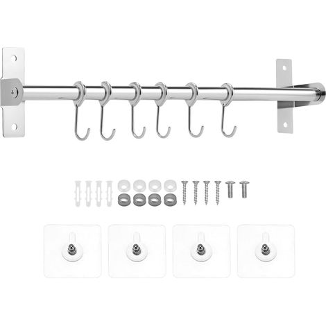 Porte ustensiles cuisine mural, support ustensiles cuisine en acier inoxydable 40 cm avec 6 crochets mobiles, installation autocollante et par vis, pour cuisine, dressing et salle de bain (1/5)