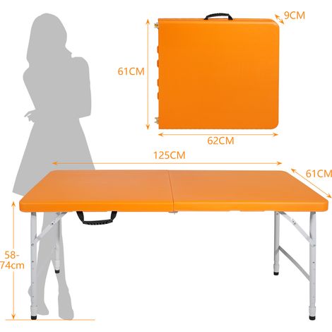 Tavolo pieghevole portatile 125 cm regolabile in altezza, plastica e acciaio, arancione (1/4)