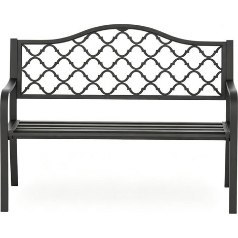 Banc de jardin 3 places en métal époxy et fonte avec dossier haut à motif géométrique noir (1/5)