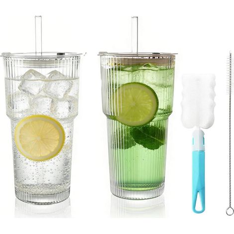 Geriffelte Glasbecher 2er Set mit Deckel & Strohhalm, 600ml Smoothie Becher für Heiß & Kalt