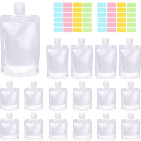 24 Pack 3 Sizes 30ML 50ML 100ML Travel Pouches with Label Paper Assortment Kit, Empty Squeeze Pouches TSA Approved Stand Up Pouch for Toiletry, Portable Travel Fluid Makeup Packing Bag (1/5)