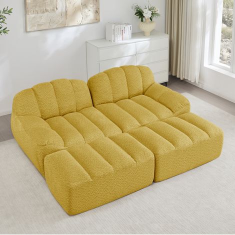 Divano modulare 2 posti con pouf in fleece giallo OKMYHOME (1/5)